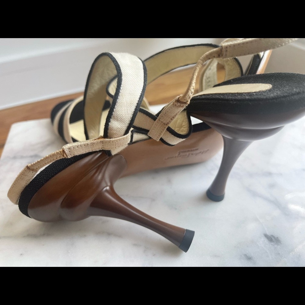 Salvatore Ferragamo Cream & Navy Strappy Heels - Picture 5 of 7